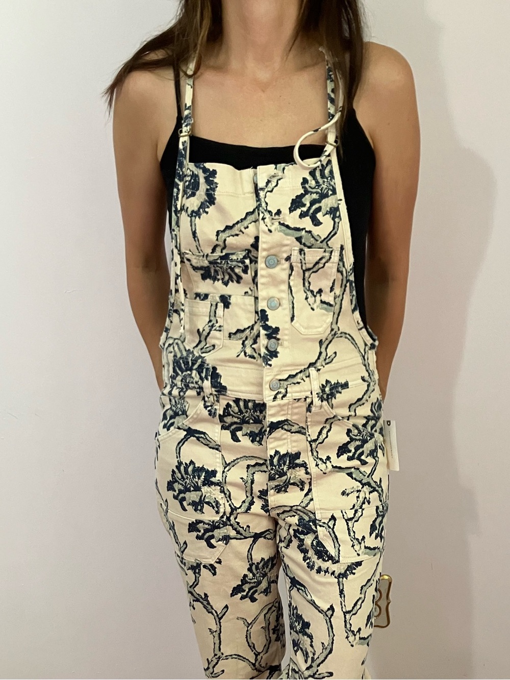 Anthropologie Pilcro Beige Overalls with Navy Floral Trim
